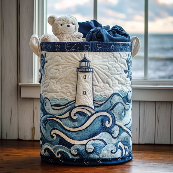 Lighthouse Horizon Line Quilted Laundry Basket, Nautical Lighthouse Hamper, Coastal Home Storage