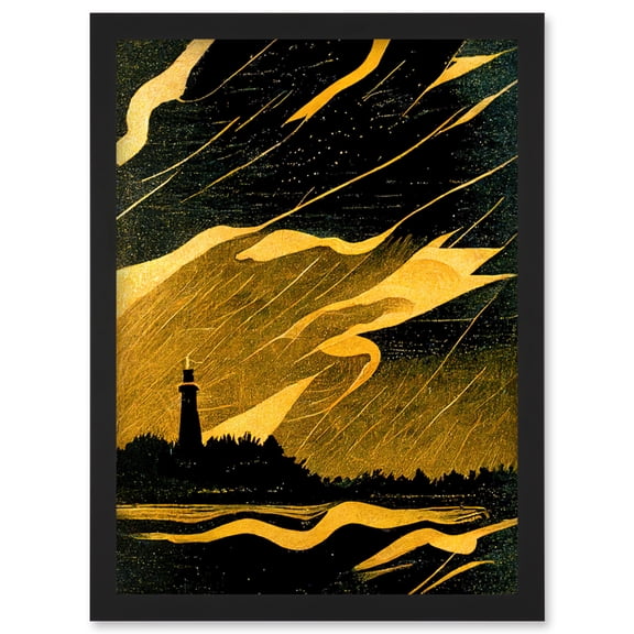 Lighthouse In A Lightning Storm Gold And Black Linocut Style Illustration Artwork Framed Wall Art Print A4