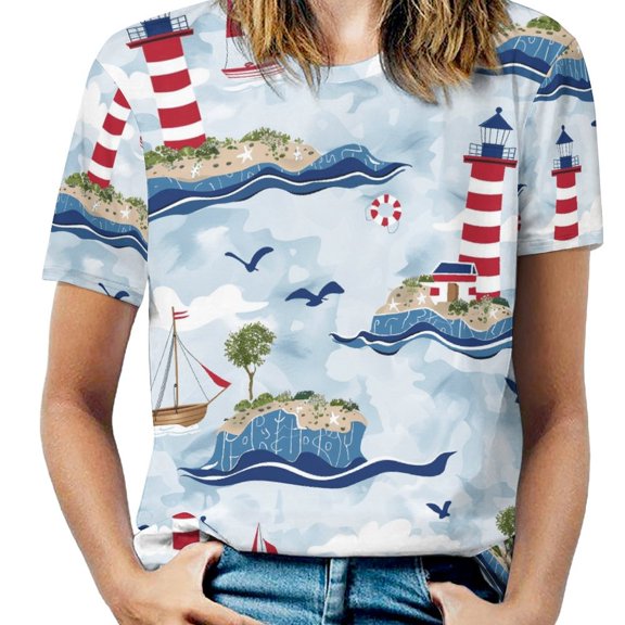 Lighthouse Island Sailboats T Shirts Basic T-Shirt Short Sleeve Ladies Tee Shirt Summer Graphic Clothing