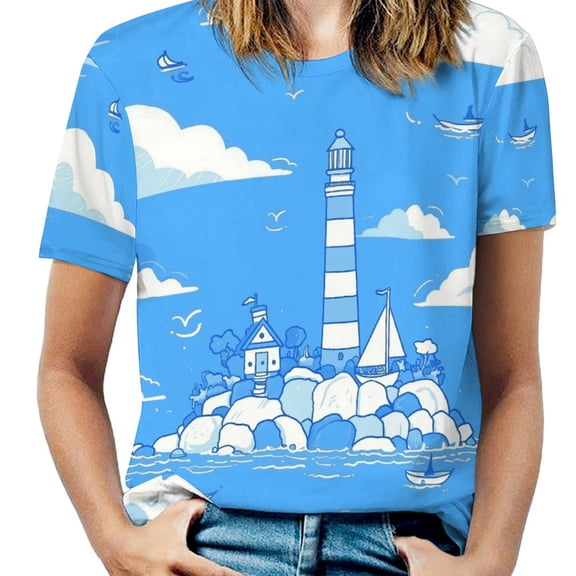 Lighthouse Island Scene Womens Tops Women's Fashion Casual Short Sleeve Flower Print Round Neck Pullover Top Blouse