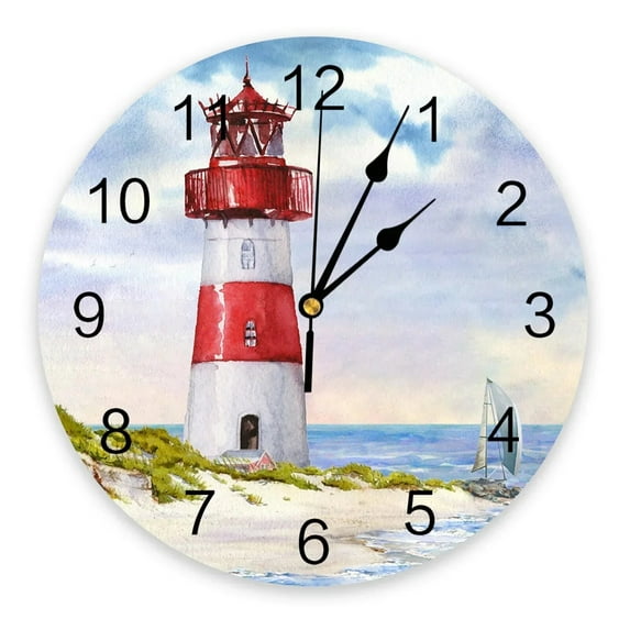 Lighthouse Island Vintage Watercolor Wall Clock Large Modern Kitchen Dinning Round Wall Clocks Bedroom Silent Hanging Watch（10 Inch）