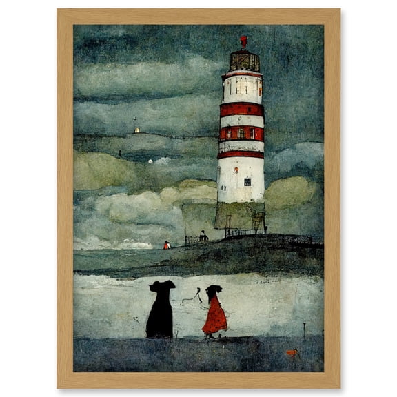 Lighthouse Keeper's Dog Quirky Grunge Artwork Framed Wall Art Print A4