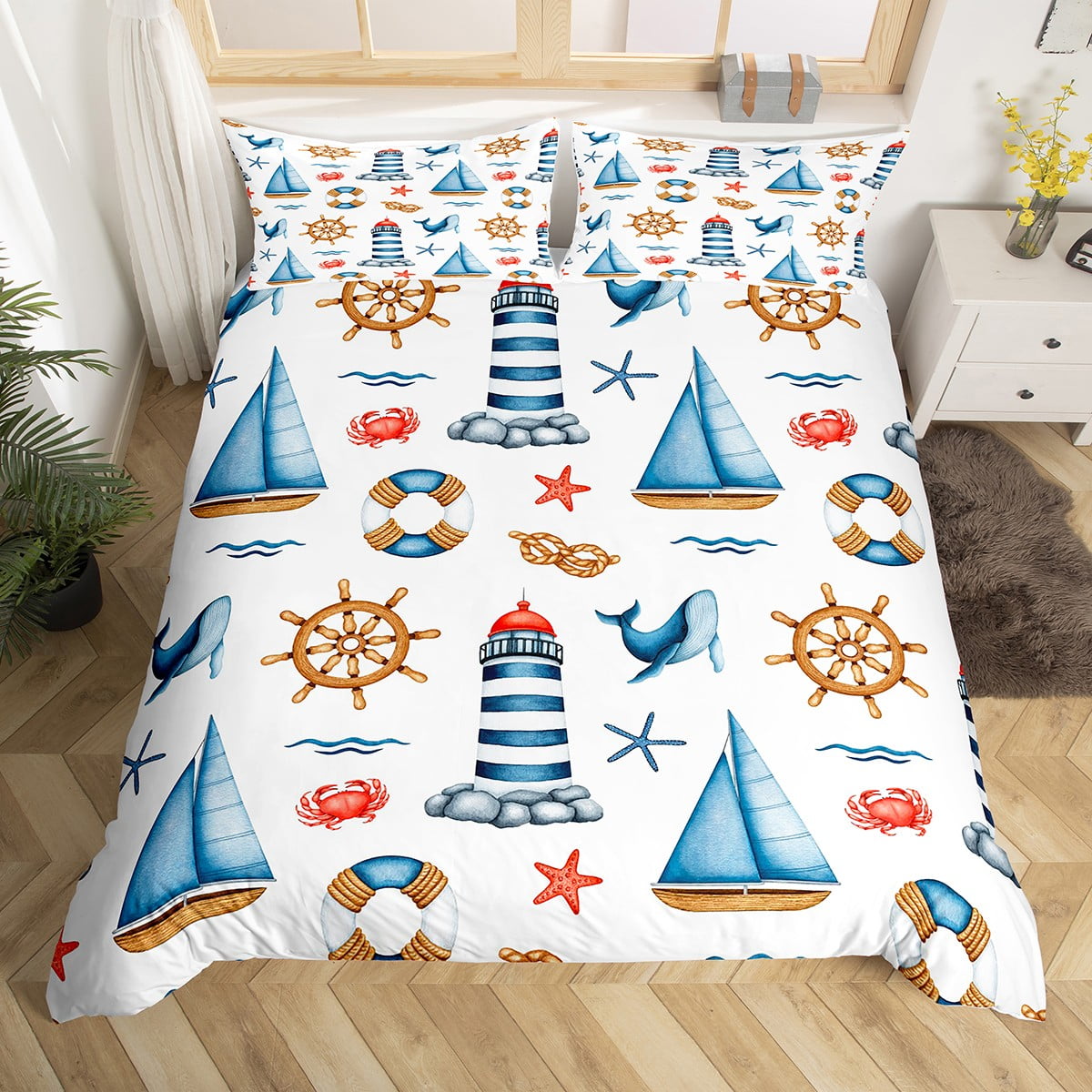 Lighthouse King Bedding Set for Boys,Nautical Rope Knot Comforter Cover