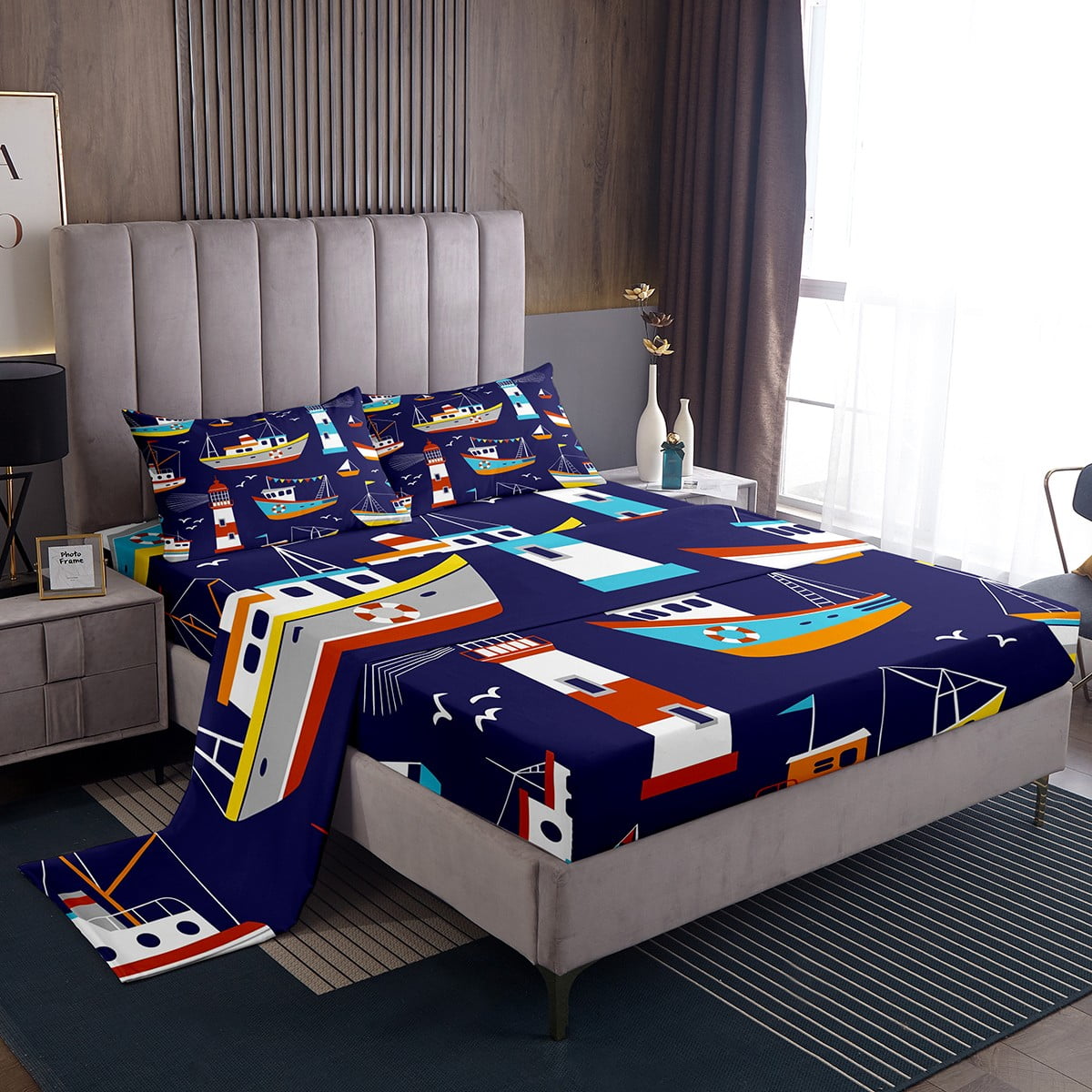 Lighthouse King Sheet Set,Nautical Retro Sailboat Flat Fitted Sheet