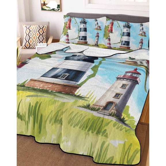 Lighthouse King Size Down Alternative Comforter, Lightweight Comforter Quilt Bedding Set with Pillow Shams Red Black Summer Oil Painting Ocean Beach All Seasons Bed Comforter Duvet Insert 96"x106"