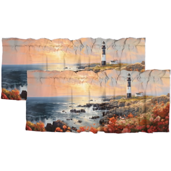 Lighthouse Kitchen Curtain Valances Vintage Scenic Oil Painting Sunset Coastal Reef Wave Window Valance for Bedroom Bathroom Living Room Dining Room Valances Set 54 by 18 in, 2 Panel