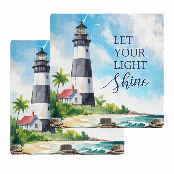 Lighthouse Kitchen Dish Towels for Drying Dishes Set of 2, Blue Coastal Nautical Ocean Beach Palm Tree Waffle Weave Microfiber Hand Tea Bathroom Towels Quick Dry & Absorbent Towel 12x12