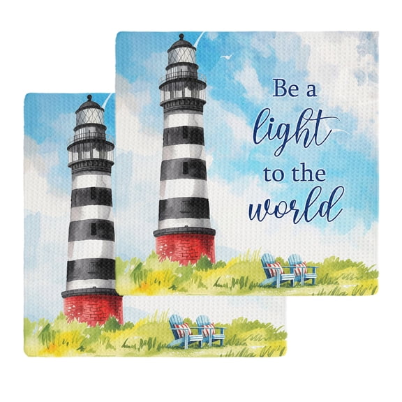 Lighthouse Kitchen Dish Towels for Drying Dishes Set of 2, Ocean Beach Abstract Summer Oil Painting Waffle Weave Microfiber Hand Tea Bathroom Towels Quick Dry & Absorbent Towel 12x12