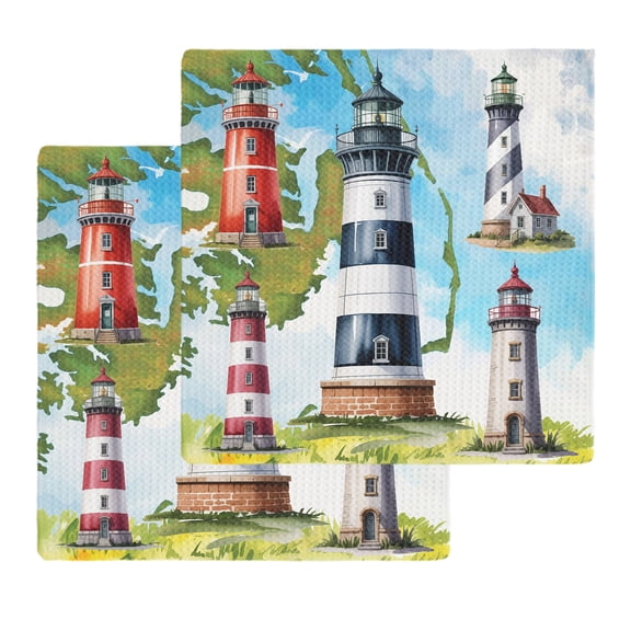 Lighthouse Kitchen Dish Towels for Drying Dishes Set of 2, Red Black Summer Oil Painting Ocean Beach Waffle Weave Microfiber Hand Tea Bathroom Towels Quick Dry & Absorbent Towel 12x12