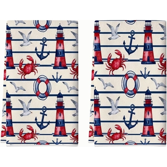 Lighthouse Kitchen Towels Set of 2, Nautical Coastal Crab Anchors Summer Red Drying Reusable Dish Towels for Drying Dishes Countertop Decor 18x26 Inch