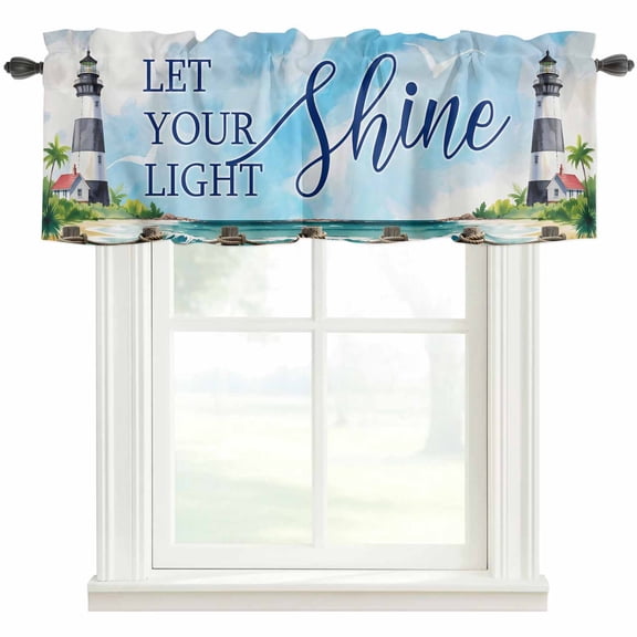 Lighthouse Kitchen Valances for Windows, Blue Coastal Nautical Ocean Beach Palm Tree Bathroom Window Valances 60x18 Inch Rod Pocket Window Treatments Valance Curtains for Living Room Bedroom Decor