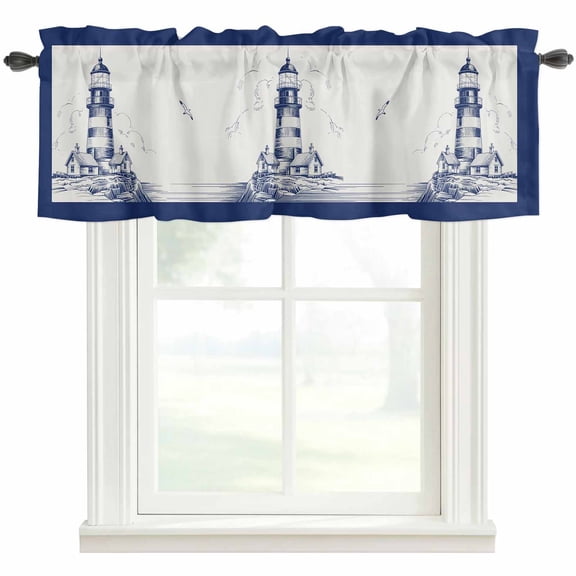 Lighthouse Kitchen Valances for Windows, Ocean Seagull Vintage Navy Blue Coastal Boat Bathroom Window Valances 42x12 Inch Rod Pocket Window Treatments Valance Curtains for Living Room Bedroom Decor