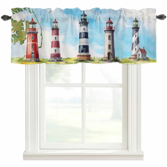 Lighthouse Kitchen Valances for Windows, Red Black Summer Oil Painting Ocean Beach Bathroom Window Valances 60x18 Inch Rod Pocket Window Treatments Valance Curtains for Living Room Bedroom Decor