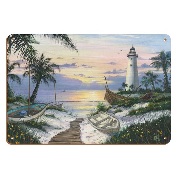Lighthouse Landing - Serene Sunset - From an Original Color Painting by Scott Westmoreland - 8 x 12 inch Vintage Wood Art Sign