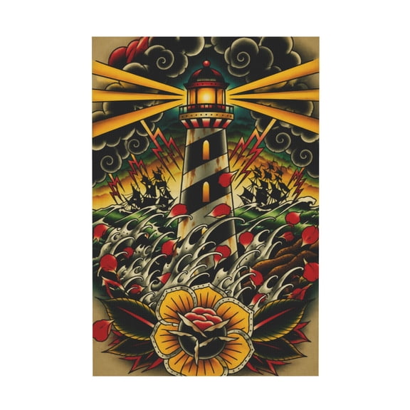 Lighthouse Last Port Traditional Tattoo Style Canvas Wall Art For Living Room 12*18in