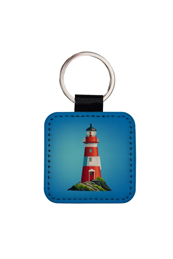 Lighthouse Light House Red White Faux Leather Square Keychain