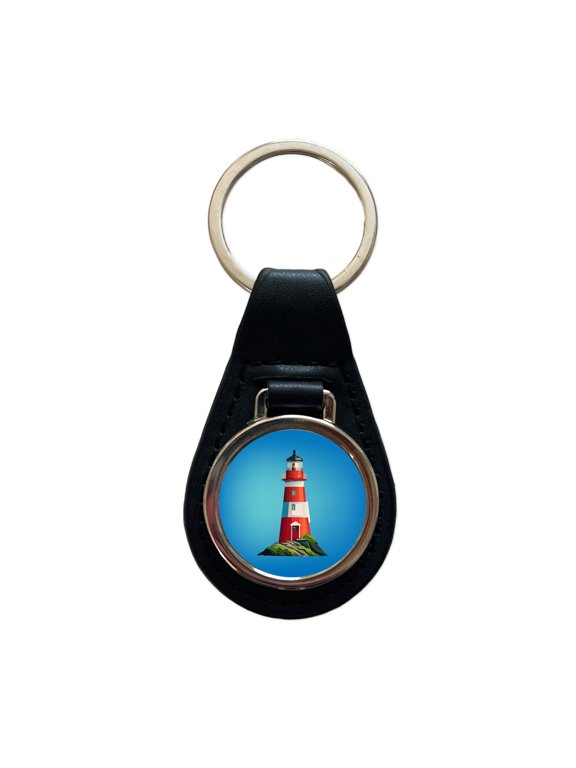 Lighthouse Light House Red White Metal Black Leather Keychain