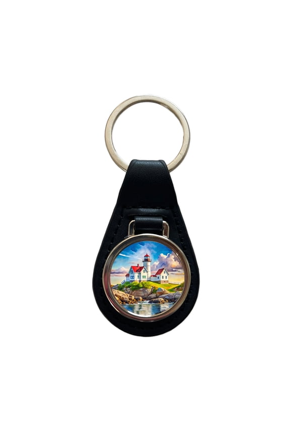 Lighthouse Like Nubble Lighthouse Maine Watercolor Metal Black Leather Keychain