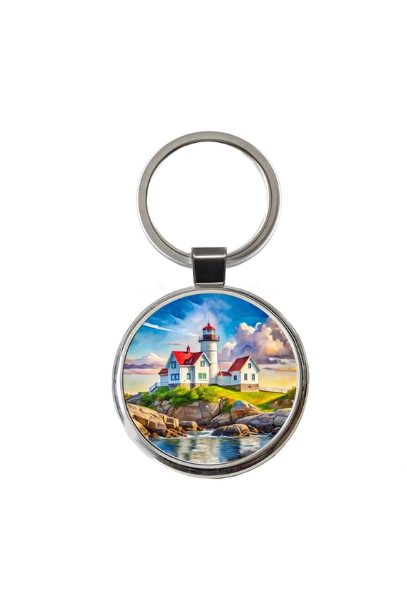 Lighthouse Like Nubble Lighthouse Maine Watercolor Metal Round Keychain
