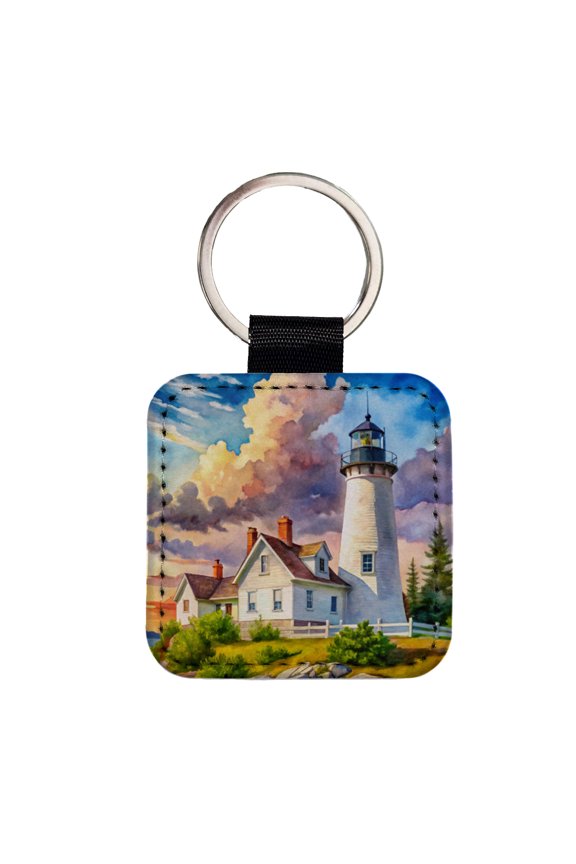Lighthouse Like Pemaquid Point Maine Watercolor Faux Leather Square Keychain