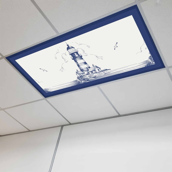 Lighthouse Magnetic Fluorescent Light Covers for Ceiling Lights 2x4Ft,Ocean Seagull Vintage Navy Blue Coastal Boat Office Classroom Kitchen Drop Ceiling Light Covers Filters Shade Panel 1Pack