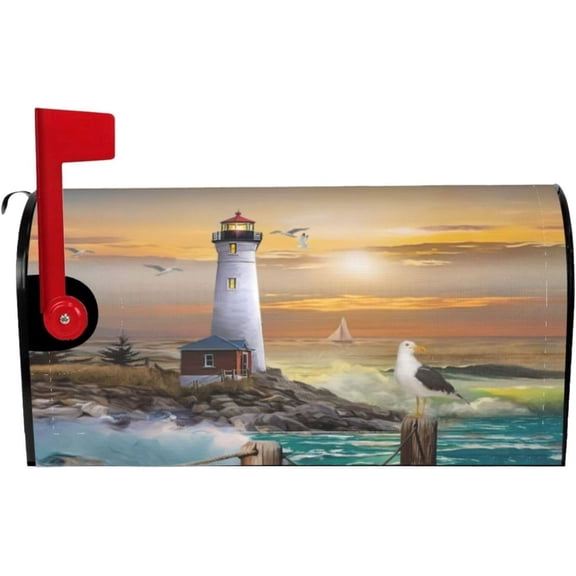 Lighthouse Mailbox Cover, Outdoor Magnetic Mail Cover Letter Post Box, 25.5x21 in Sea Wave White Cloud Nautical Mailwrap for Yard Garden Outside Decor