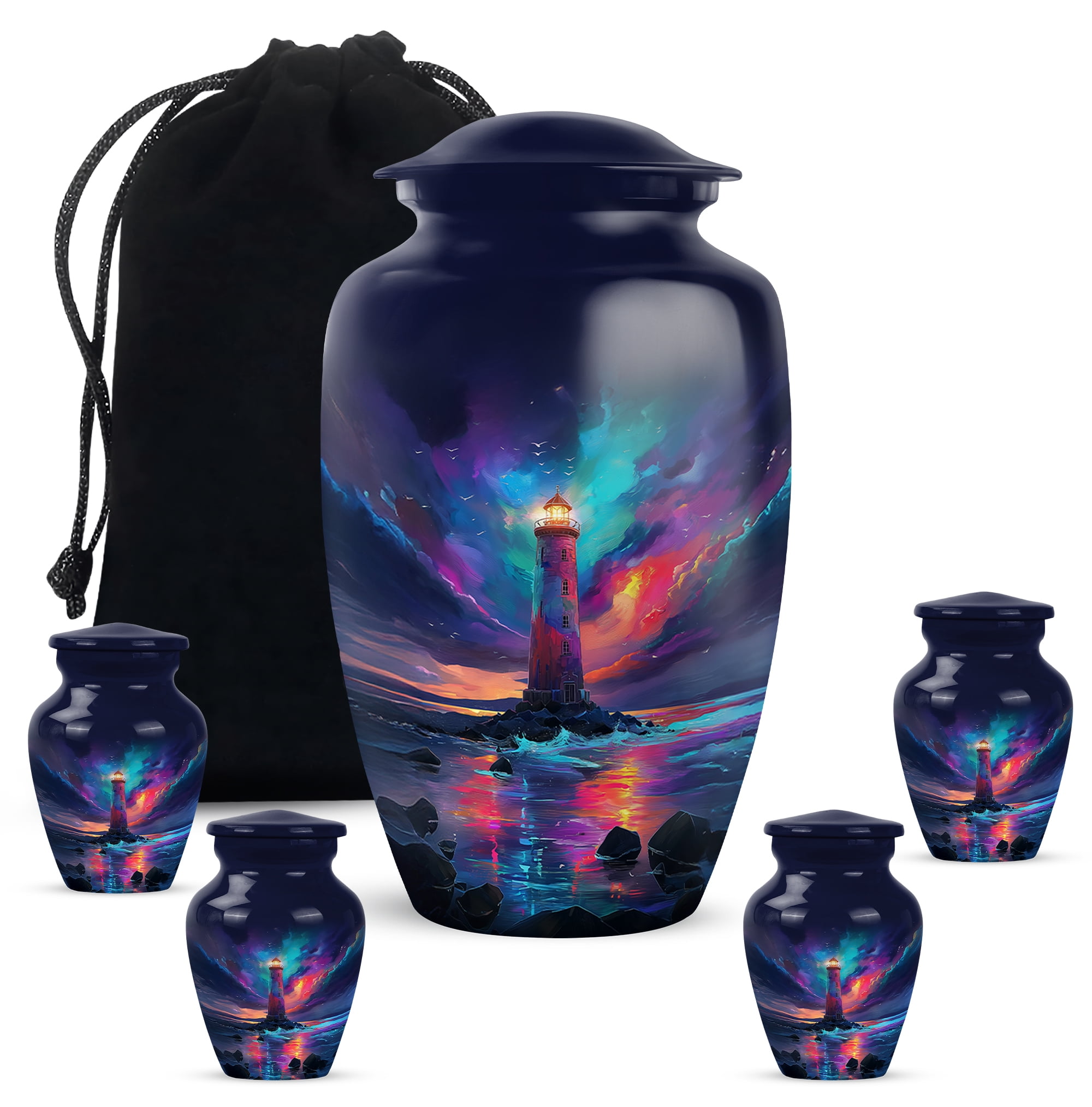 Lighthouse Memorial Urn For Keepsake Large, Blue Keepsake Urns For Human Ashes For Female, Purple Little Cremation Urns For Mom And Dad, 1 Large With Set Of 4 Mini Urn For Sister ,combo 10&3 Inch