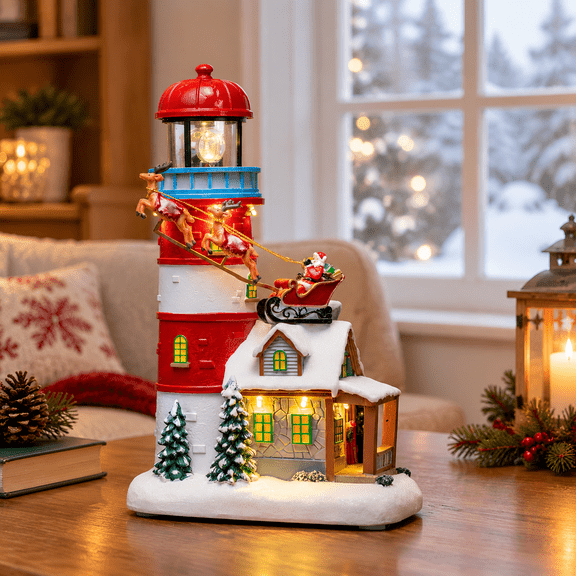 Lighthouse Musical Christmas Figurine with Flying Santa, Holiday Home Decor Collectible
