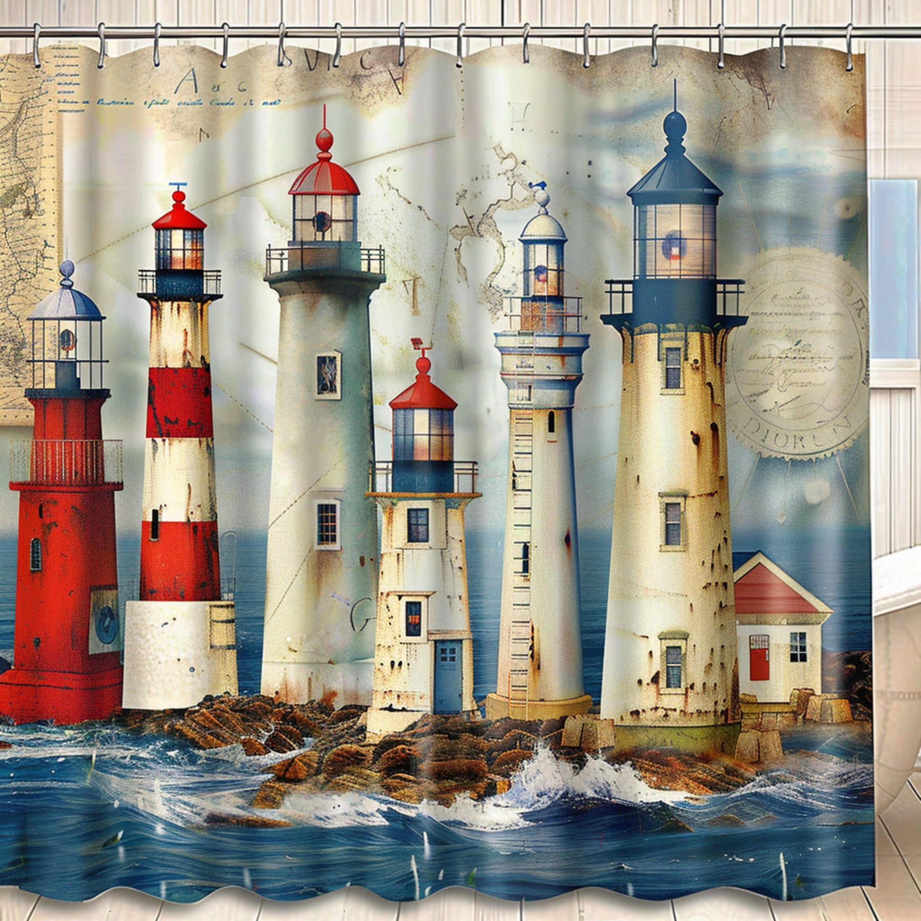 Lighthouse Nautical Shower Curtain Stunning Oil Painting Style with Red
