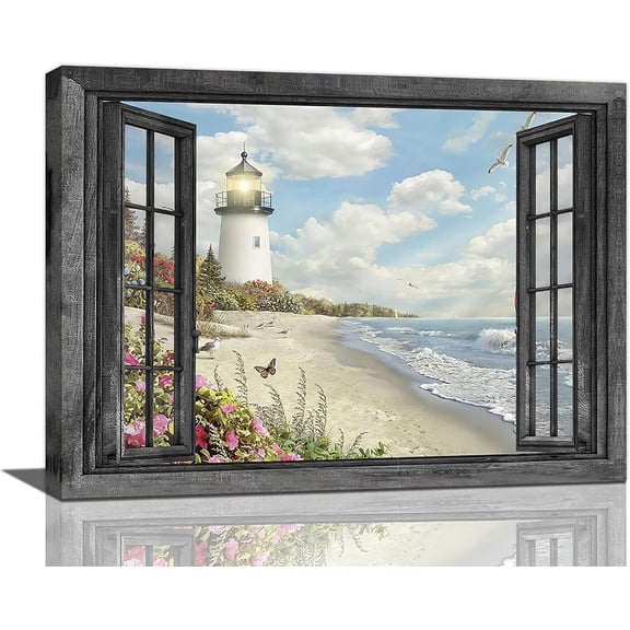 Lighthouse Nautical Wall Art Coastal Beach Pictures Canvas Prints Ocean Decorations Painting Framed Window Seascape Artwork Gifts Office Home Decor for Bathroom Dining Living Room 16"x12"