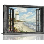 Lighthouse Nautical Wall Art Coastal Beach Pictures Canvas Prints Ocean Decorations Painting Framed Window Seascape Artwork Gifts Office Home Decor for Bathroom Dining Living Room 16"x12"