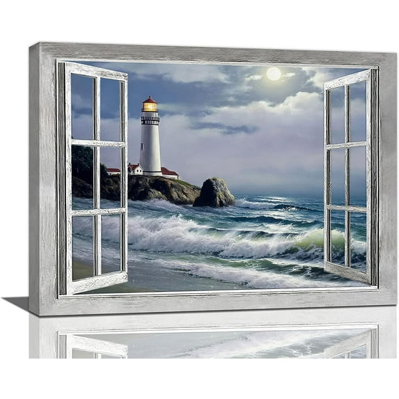 Lighthouse Nautical Wall Art Coastal Beach Pictures Wall Decor Ocean Canvas Prints Window Decorations Painting Framed Artwork Office Home Decor For Bathroom Bedroom Dining Living Room 16"x12"