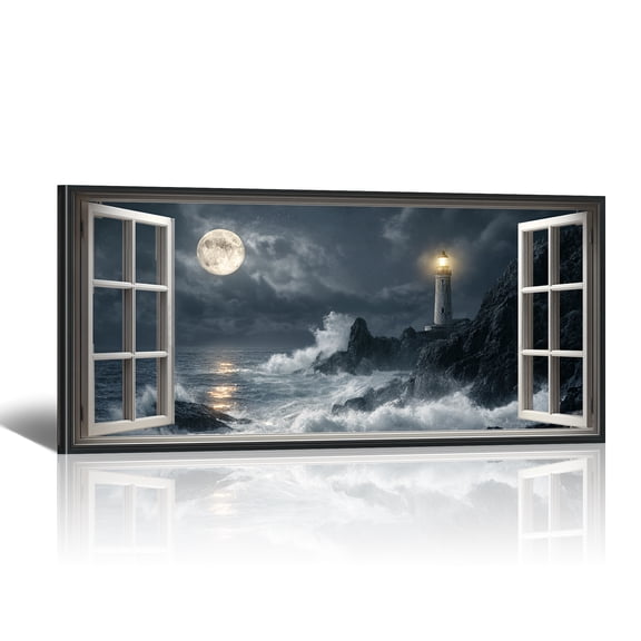 Lighthouse Nautical Window Canvas Wall Art - Blue Ocean Beach with Moon Coastal Landscape Paintings, Modern Horizontal Canvas Prints for Home Decor
