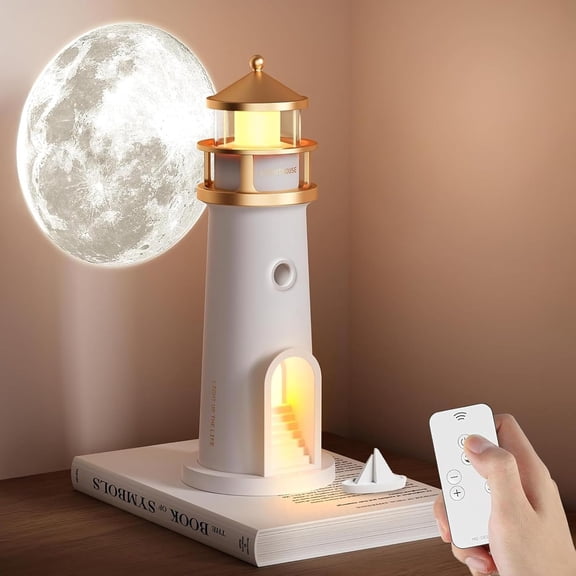 Lighthouse Night Light with Moon Projector & Remote, Rechargeable Dimmable LED Table Lamp, Romantic Room Decor Light, Unique Gift for Kids Boys Girls Women
