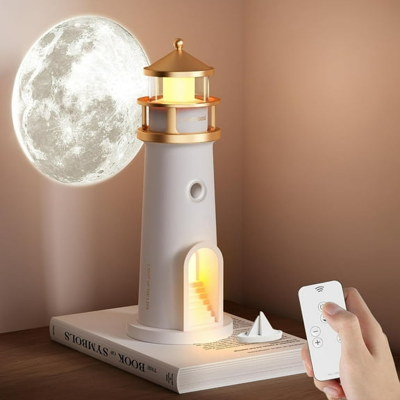 Lighthouse Night Light, Rechargeable Lighthouse Lamp with Moon Lamp Projector & Remote, Dimmable LED Moon Table Lamp for Room Decor, Unique Gifts for Kids Boys Girls Women