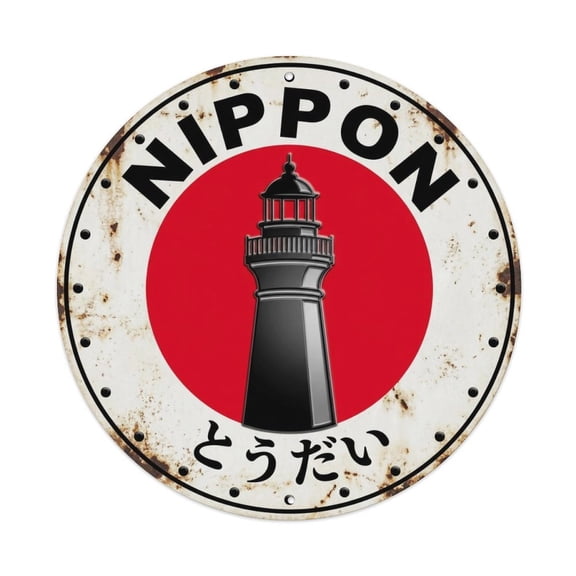 Lighthouse Nippon Coastal Beacon Structure Historic Vintage Metal Tin Sign Plaque Wall Decor for Cafe, Club, Garden Round Metal Poster 8x8Inch