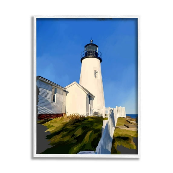 Lighthouse Ocean Beach View Coastal Graphic Art White Framed Art Print Wall Art