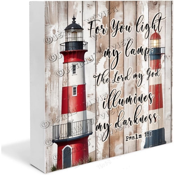 Lighthouse Ocean Bible Verse Pictures Wooden Box Sign Inspirational Quote Gifts Funny Ocean Decor Farmhouse Decor Table Centerpieces for Dining Table Wood Block Signs 7x7 in