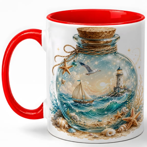 Lighthouse Ocean Bottle Coffee Mug, Sailboat Seashell Coastal Beach Design, 11 oz Ceramic Cup