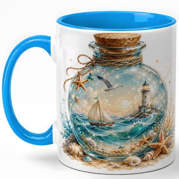 Lighthouse Ocean Bottle Coffee Mug, Sailboat Seashell Coastal Beach Design, 11 oz Ceramic Cup