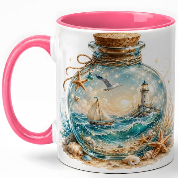 Lighthouse Ocean Bottle Coffee Mug, Sailboat Seashell Coastal Beach Design, 11 oz Ceramic Cup