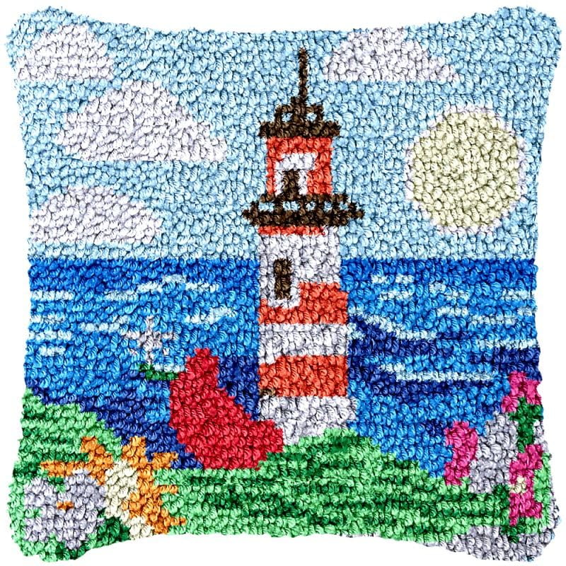 Lighthouse of Ocean Latch Hook Pillow Cover Kits for DIY Handmade Throw Pillow Cross Stitch Latch Hook Pillowcase Rug Kits with Preprinted Color Pattern Canvas Crochet Yarn Kits 17''X 17''(ch100)