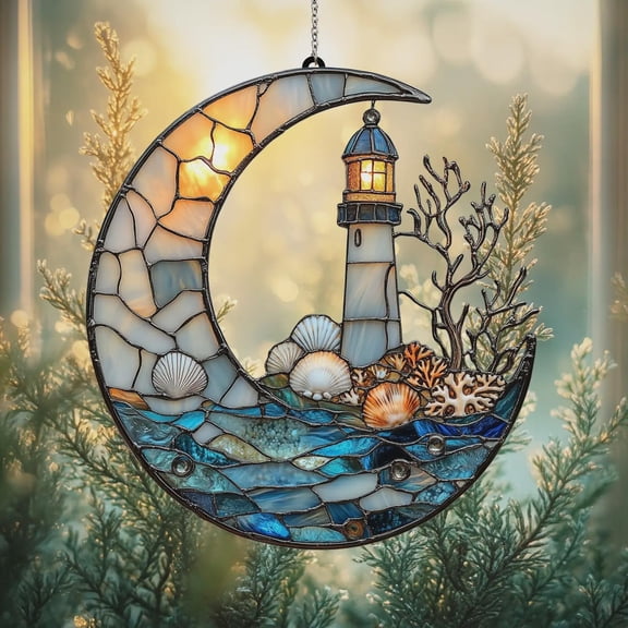 Lighthouse Ocean Moon Acrylic Suncatcher And Ornament - Coastal Faux Stained Glass 2025 Beach Window Gift