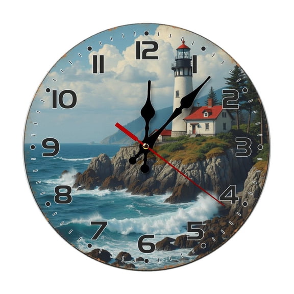 Lighthouse Ocean Rocky Wall Clock 10 Inch Silent Non Ticking Round Clock Decoration for Living Room Kitchen Bedroom Bathroom Office Classroom