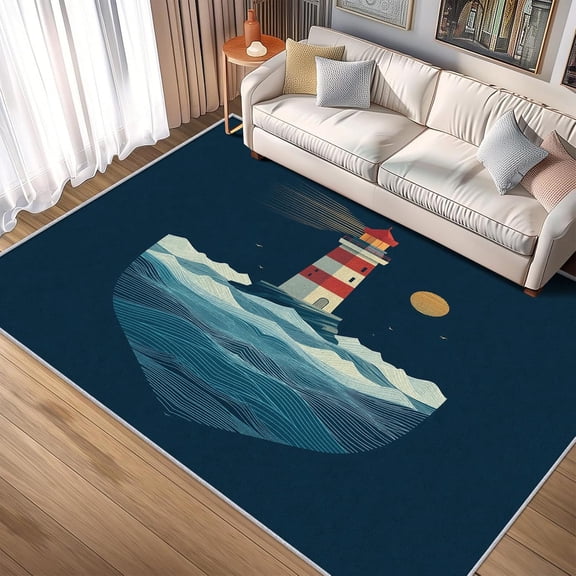 Lighthouse Ocean Sea Area Rug, Nautical Design Carpet, Washable Non Slip Soft Low Pile, Living Room Bedroom Kitchen Office Mat 2x3ft