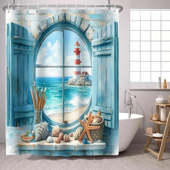 Lighthouse Ocean Shower Curtain Window Conch Starfish Brick Wall,Nautical Summer Sea Beach Theme Sky BlueFabric Shower Curtains Bathroom Accessories-48"W x 72"L (Pack of 1)