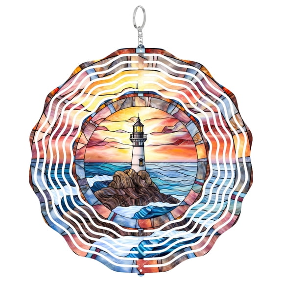 Lighthouse Ocean Stained Glass 3D Wind Spinner Kinetic Hanging Garden Decor Stainless Steel