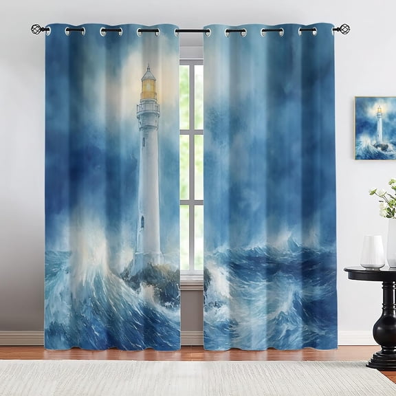 Lighthouse Ocean Storm Blackout Curtains, Coastal Oil Painting Window Drapes for Bedroom Living Room, Grommet Curtains for Kitchen Decor 53"W x 63"L (2 Pack)