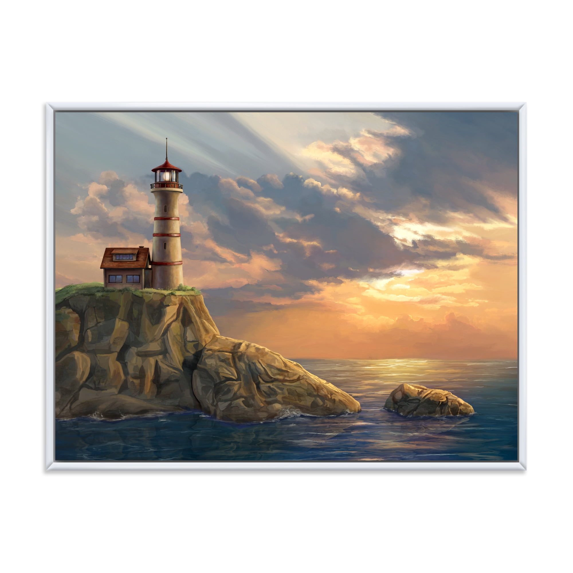 Lighthouse On A Rocky Coastal Cliff At Evening Light 32 in x 24 in Framed Painting Canvas Art Print, by Designart