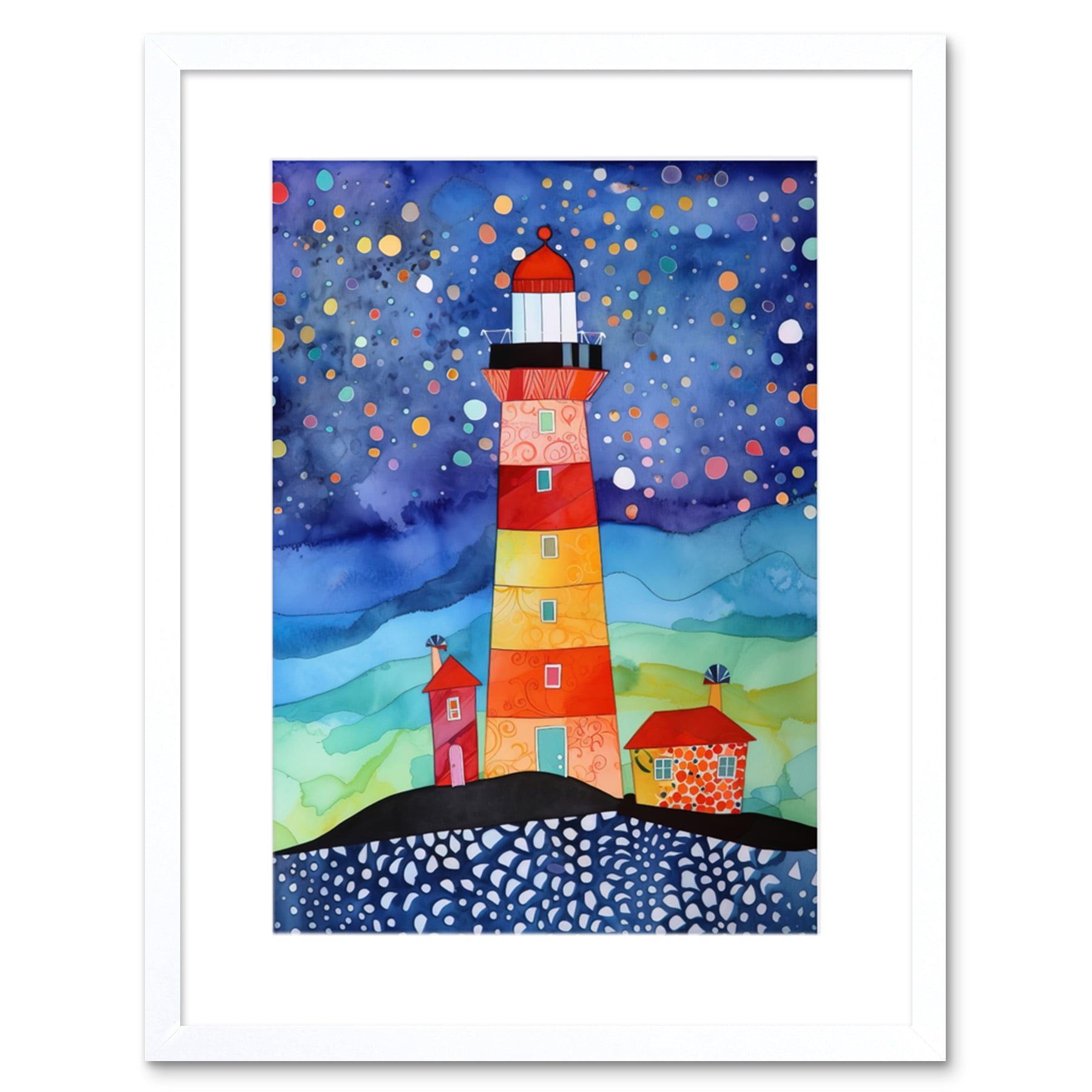 Lighthouse On Starry Night Folk Art Watercolour Painting Artwork Framed ...